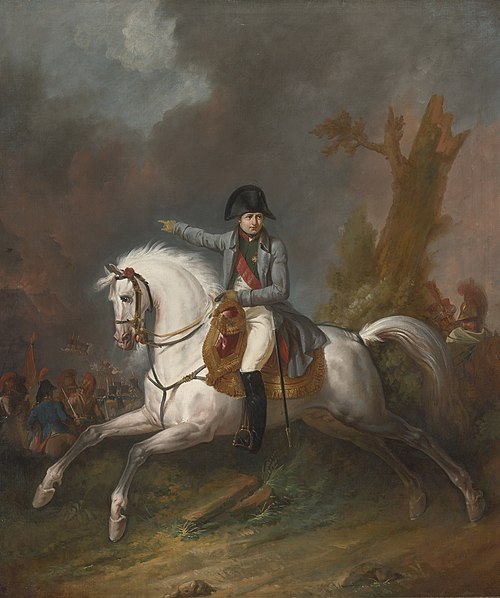 An equestrian portrait of Napoleon with a battle beyond, 1850, Carle Vernet