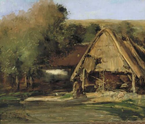 Une Grange dans un paysage avec des arbres, 1887, Antoine Vollon