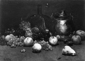 Stilleven met ketel, fles en vruchten, 1870, Antoine Vollon
