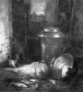 Stilleven met koperen ketels en vissen, 1870, Antoine Vollon