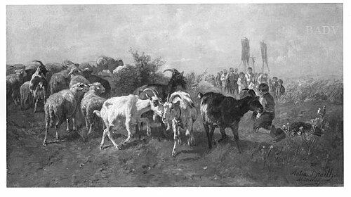 Procession passing cattle in meadow, 1861, Anton Braith