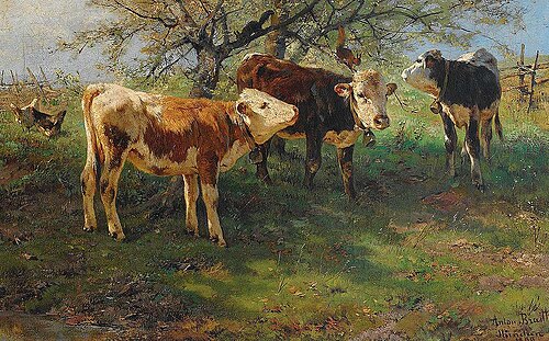 Frühlingsweide mit drei Kälbern, blühenden Bäumen, Eichhörnchen und Hühnern., 1899, Anton Braith