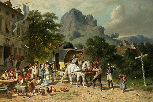 Die Verabschiedung an der Postkutsche vor dem Wirtshaus, , Anton Braith