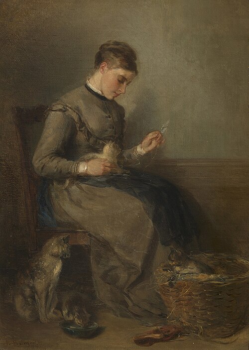 Female Playing with a Cat; an Interior, 1871, Anton Burger