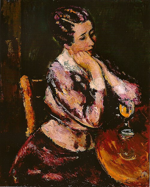 The artists wife with a glas of wine an a table, 1919, Anton Faistauer
