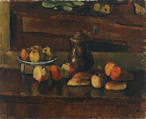 Obststilleben mit Kanne, vor Kommode, 1915, Anton Faistauer