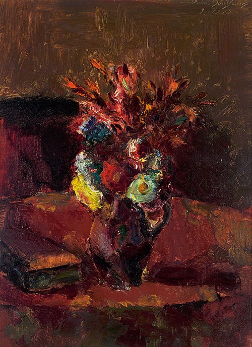 Blumenbouquet mit rotem Tischtuch, 1913, Anton Faistauer