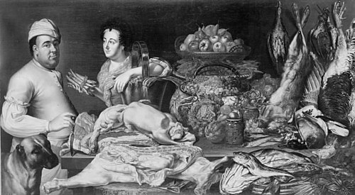 A Cook and a Kitchen Maid with the Provisions of the Kitchen, 1732, Antoine Frederic Harms