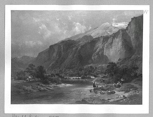 landscape: river-valley in the mountains + 3 woman, 1855, Anton Hansch