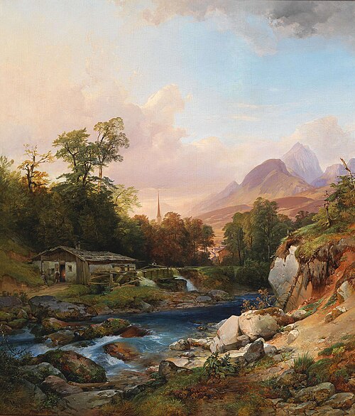 A mountain landscape with a smithy, 1876, Anton Hansch