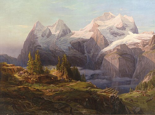 Blick in das Berner Oberland mit Mönch, Eiger und Jungfrau, im Vordergrund figürliche Staffage, 1876, Anton Hansch