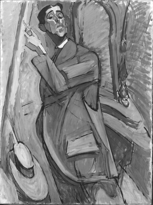 Selbstbildnis mit Ofen und Kommode I, 1919, Anton Kerschbaumer