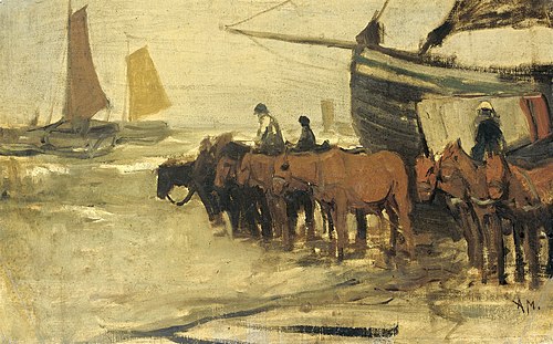 Mise à l'eau d'un bateau de pêche (type « rose »), 1879, Anton Mauve