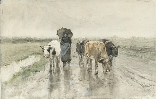 Vachère avec des vaches sur une route de campagne sous la pluie, 1850, Anton Mauve