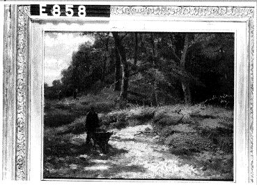 Bosgezicht met een man die een kruiwagen duwt, 1863, Anton Mauve