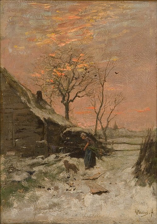 Winterlandschap (Boerderij met vrouw en hond in de sneeuw), 1870, Anton Mauve