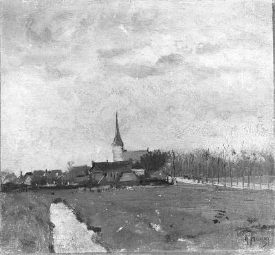 Holländisches Dorf mit spitzem Turm, 1870, Anton Mauve
