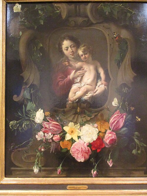 Vierge à l'enfant dans une couronne de fleurs, 1642, Cornelis Schut