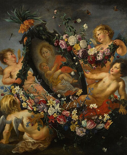Virgin and child in a cartouche supported by four angels, surrounded by flower garlands, 1635, Cornelis Schut