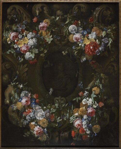 Bloemenkrans en cartouche rond de portretbuste van 'Le Grand Condé', 1649, Cornelis Schut