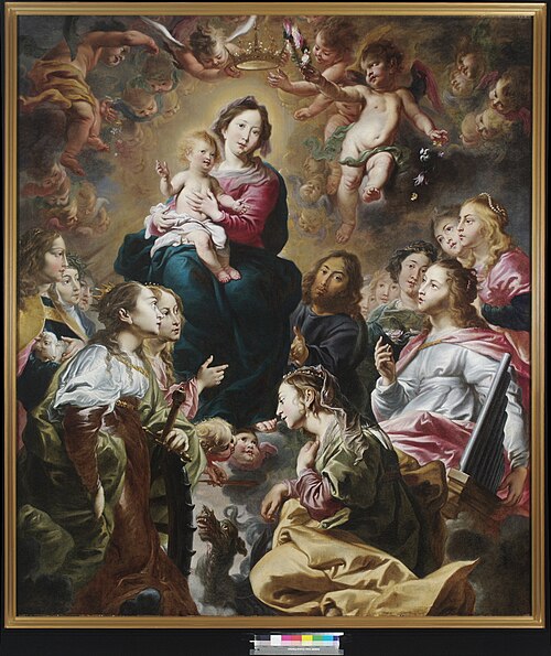 De verheerlijking van de Heilige Familie door vrouwelijke heiligen en engelen., 1635, Cornelis Schut