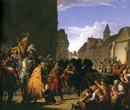 König Przemysl Ottokars Sohn Wenzel bittet Rudolf von Habsburg um die Leiche seines 1278 in der Schl, 1826, Anton Petter