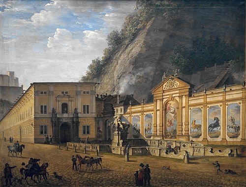 Salzburg, Pferdeschwemme bei den Hofstallungen, 1828, Johann Michael Sattler