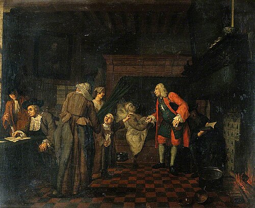 Interior with a Medical Practitioner Attending to a Sick Man in the Presence of Other Figures, 1751, Jan Josef Horemans I