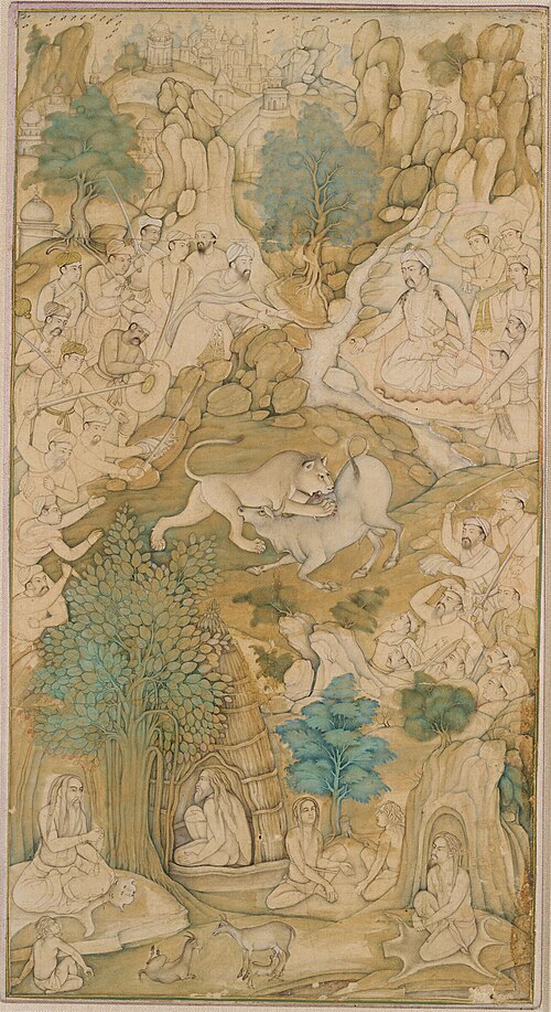 Mughal Emperor Akbar Observing an Animal Combat, 1585, Mîskin