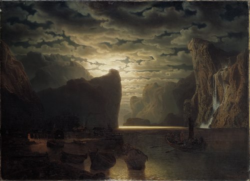Norwegian Fjord in Moonlight. Motif from the Sogne-Fjord, 1861, Marcus Larson