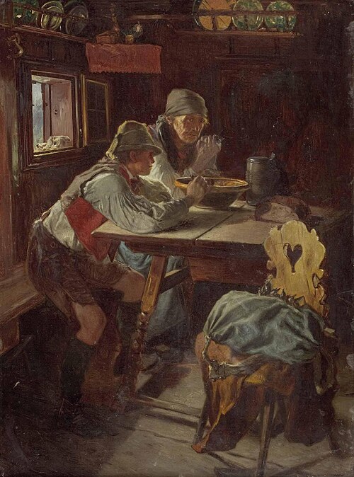 Großmutter und Enkel beim Tischgebet, 1906, Anton Schrodl
