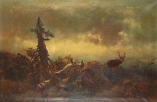 Hochebene mit Hirsch, 1885, Anton Schrodl