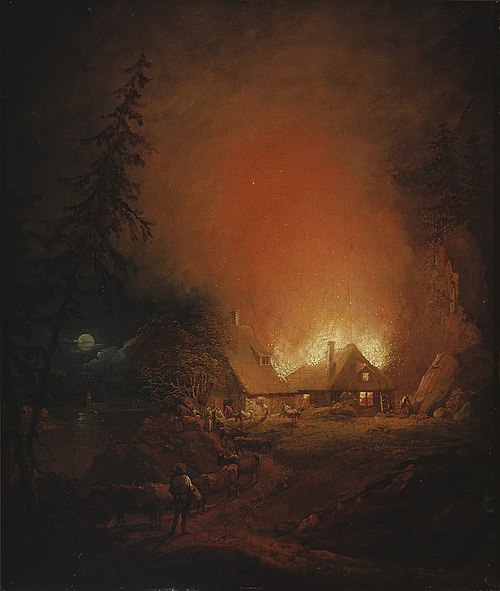 Fire at night in a farmhouse, 1809, Aleksander Lauréus