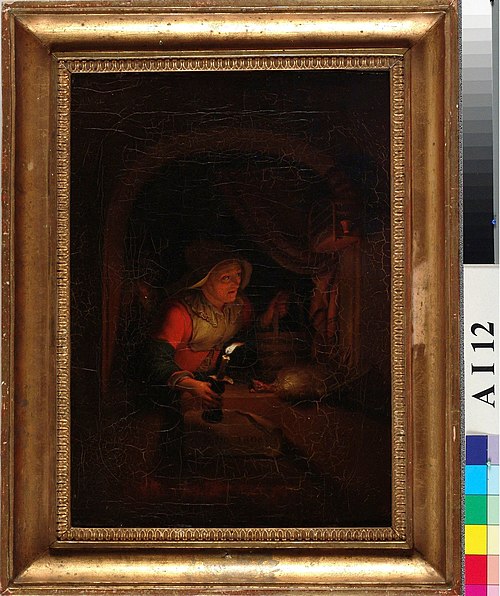 En äldre qvinna med ljus seende ut genom ett fönster, kopia efter Gottfr. Schalcken, 1806, Aleksander Lauréus