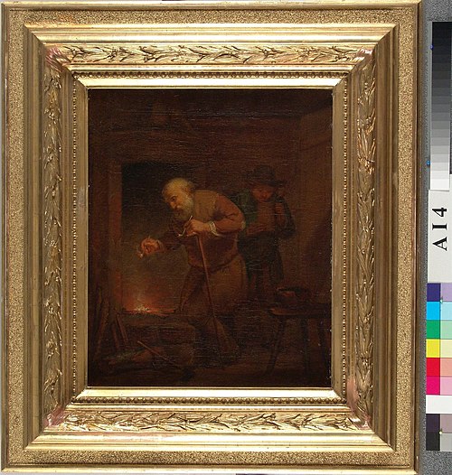 En gammal invalid på kryckor tändande eld på sin pipa vid spiseln, 1809, Aleksander Lauréus