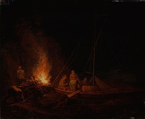 Fiskare uppgörande eld om natten vid strand, 1810, Aleksander Lauréus