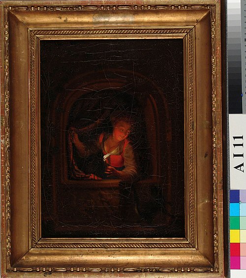 En qvinna med ljus seende ut genom ett fönster, kopia efter Gottfried Schalcken, , Aleksander Lauréus