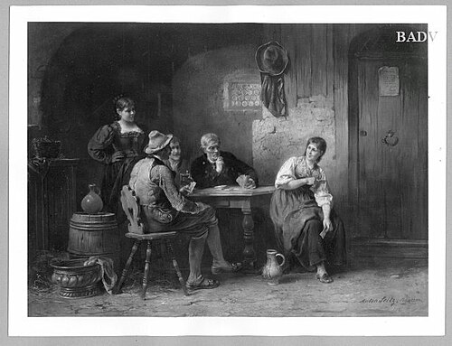 3 men + 2 girls in an inn, 1872, Anton Seitz
