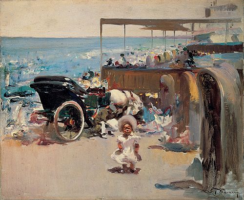Horse-drawn Carriage and Child on the Beach, 1910, José Navarro Lloréns