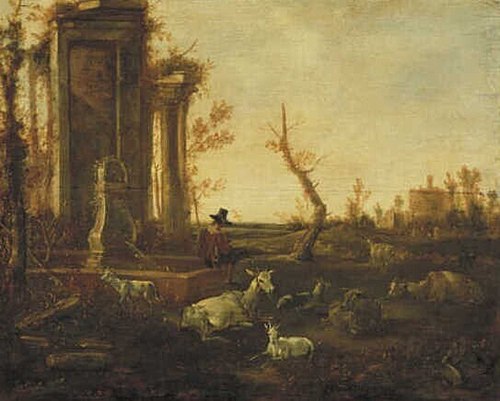 Ruin with Shepherd and Goats, 1700, Hendrick Mommers
