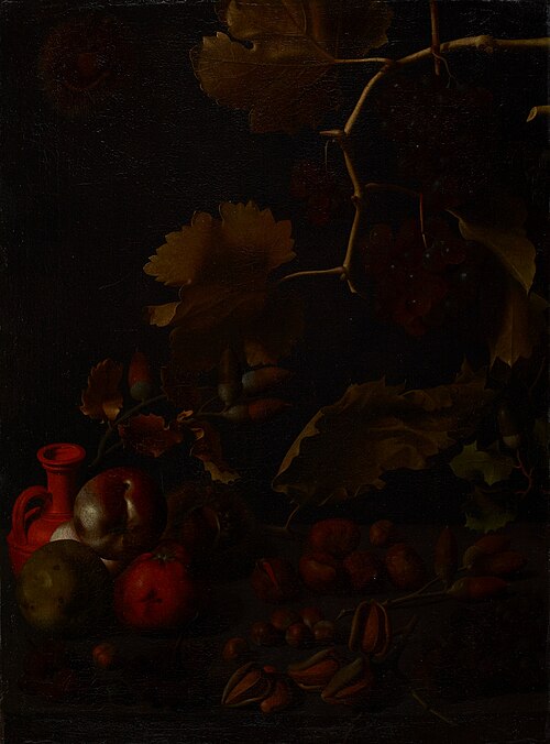 Still life with grapes, apples, chestnuts, almonds, acorns and a red clay bottle, , Juan Fernández el Labrador