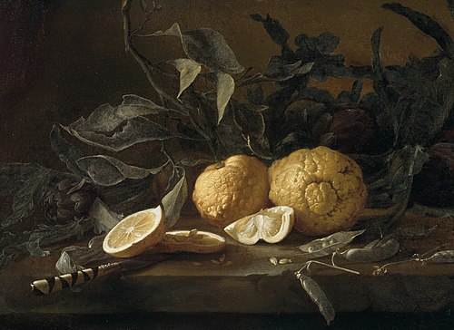 A Still Life with Citrons, a Knife and Peapods on a Stone Ledge, , Juan Fernández el Labrador