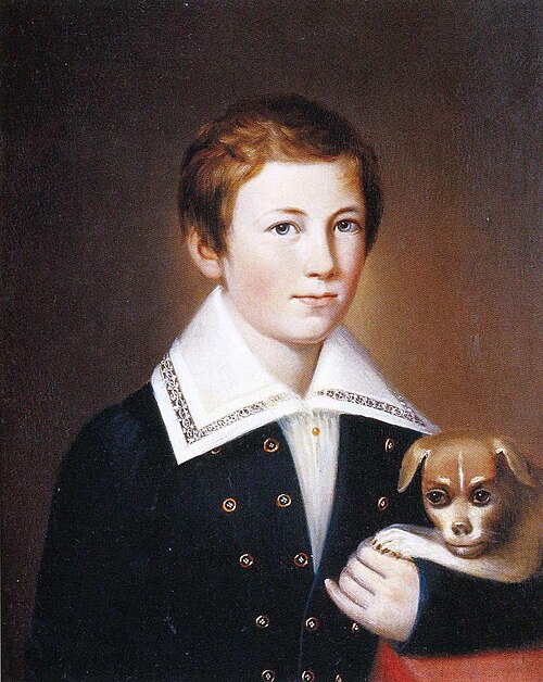 Alexander Albert Synnerberg koiranpennun kanssa., 1830, Johan Erik Lindh