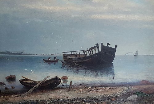 Galeasen "Bertha" av Ljugarn (ägare JG Claudelin) som vrak vid Lauviken och Langbjenne fiskeläge, 1914, Axel Lindman