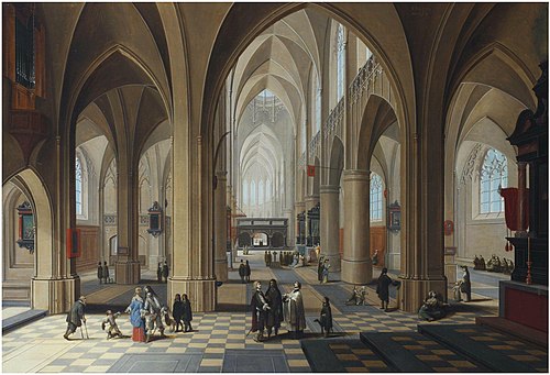The interior of a gothic cathedral, with elegant figures conversing and a priest taking mass, 1625, Pieter Neefs l'Ancien