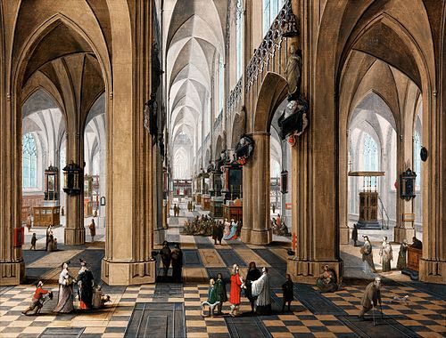 A church interior with elegant figures strolling and figures attending mass, 1630, Pieter Neefs l'Ancien