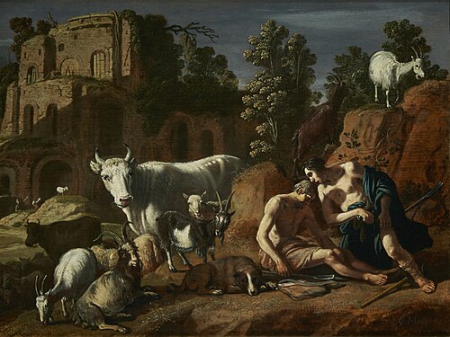 Mercury and Argus surrounded by animals in a landscape, 1623, Nicolaes Cornelisz Moeyaert