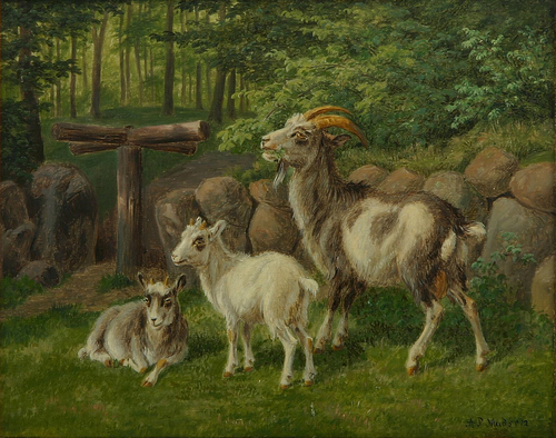 Goats by a stone fence., 1875, Andreas Peter Madsen