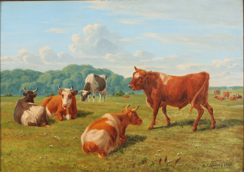 Summer landscape with grazing cattle, 1886, Andreas Peter Madsen