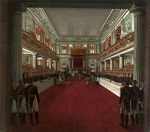 couronnement d'Alexandra Feodorovna au Château Royal à Varsovie (24.V.1829)., 1829, Antoni Brodowski